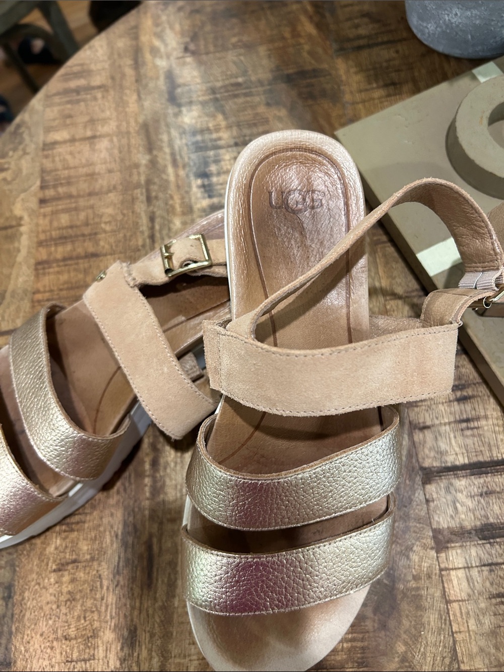 UGG Women's Gold Metallic and Tan Suede Platform Sandal